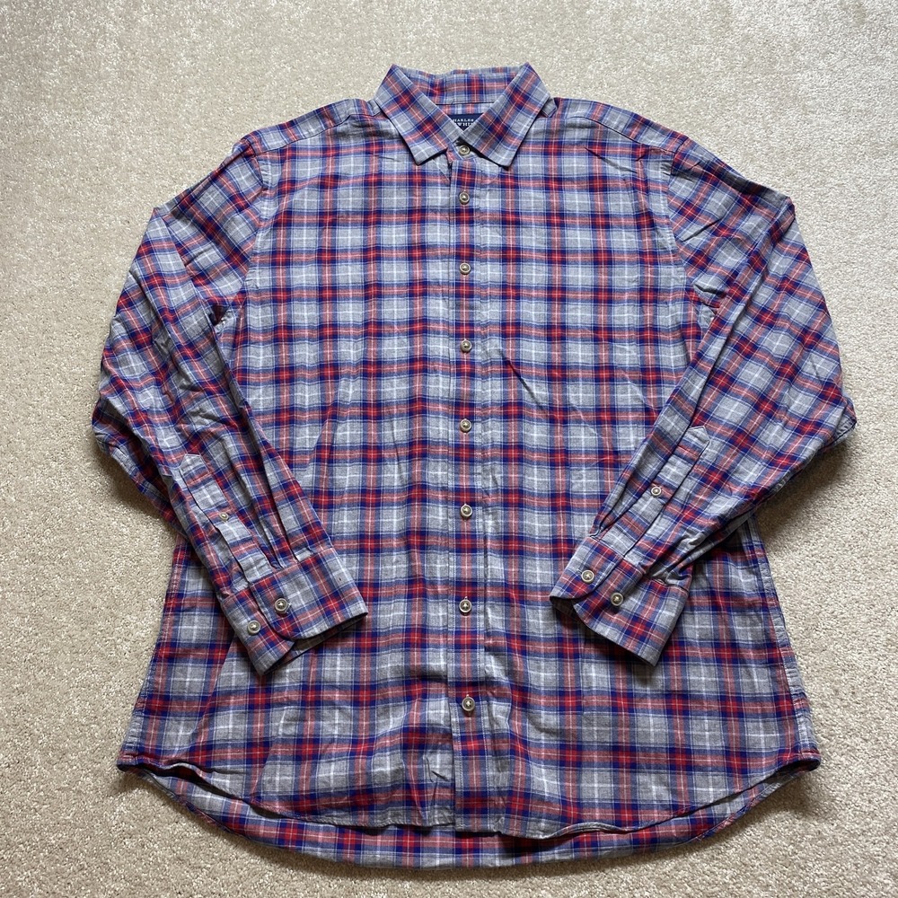 Charles Tyrwhitt Button Down Shirt Mens L Grey Blue Red Plaid Slim Fit Weekend